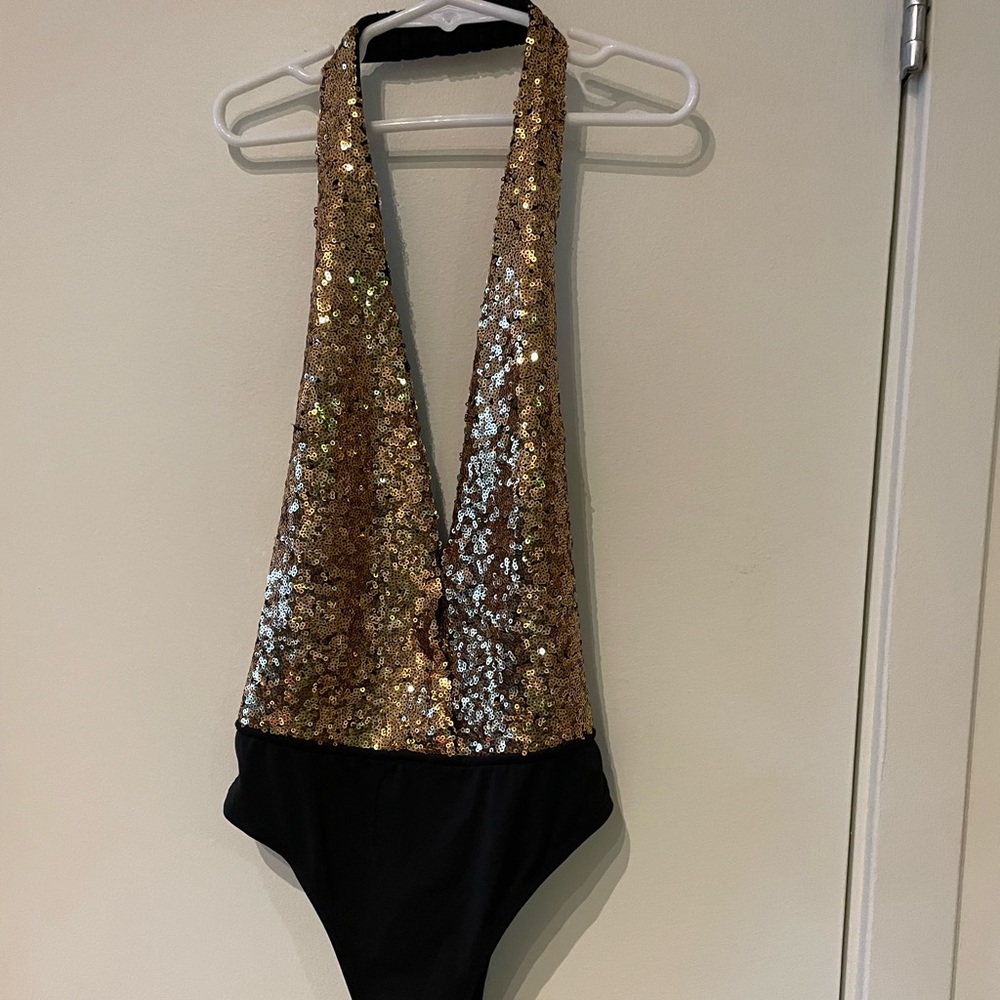 Gold and black sequin halter bodysuit NWT